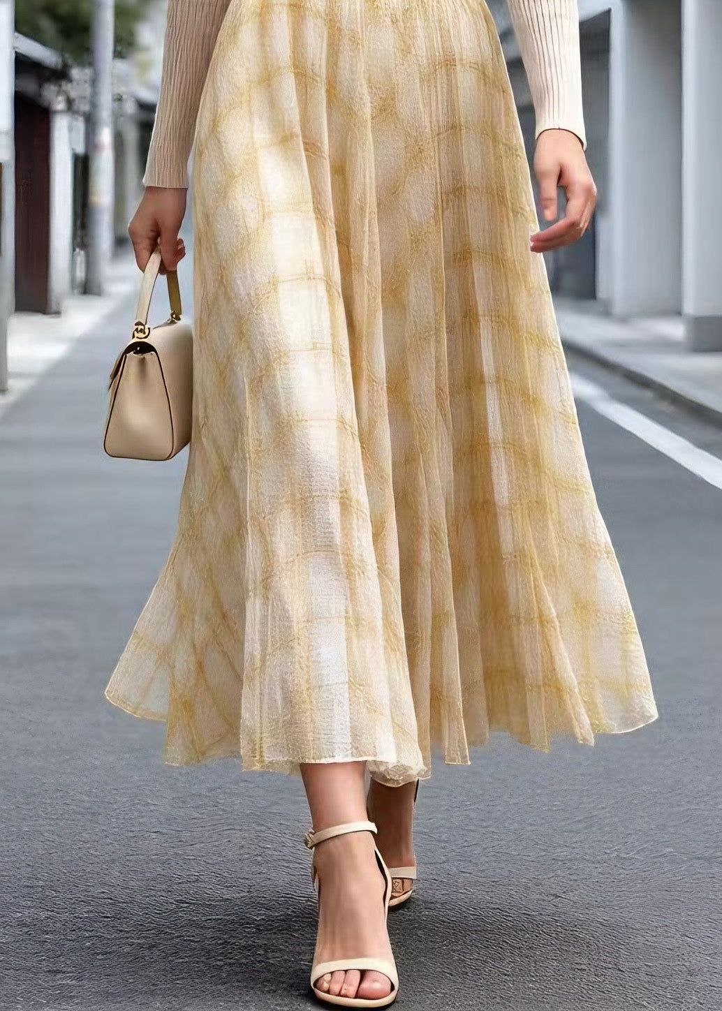 Elegant Yellow Plaid Wrinkled Tulle Skirt Summer