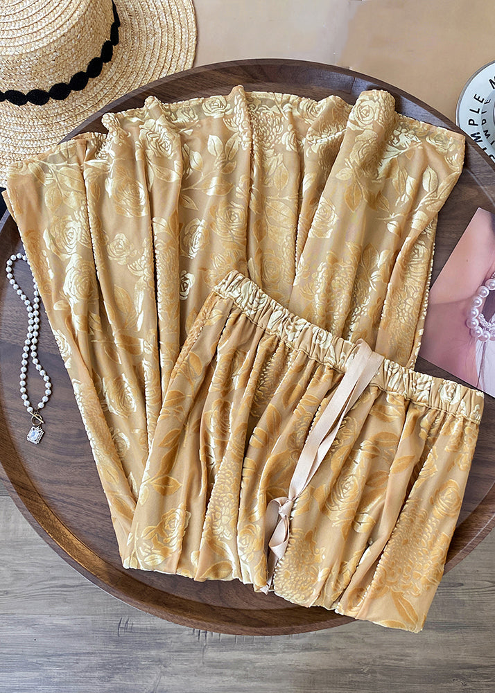 Elegant Yellow Print Drawstring Cotton Skirts Fall