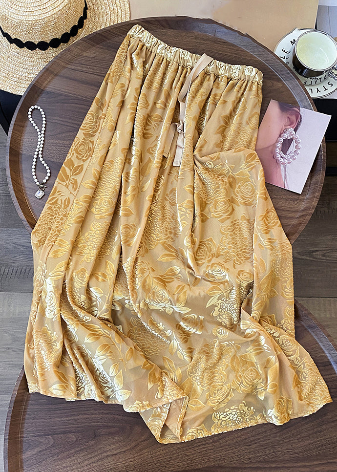 Elegant Yellow Print Drawstring Cotton Skirts Fall