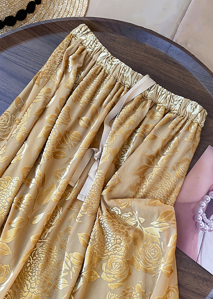 Elegant Yellow Print Drawstring Cotton Skirts Fall