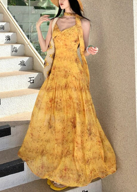 Elegant Yellow Print Exra Large Hem Cotton Vacation Dress Summer