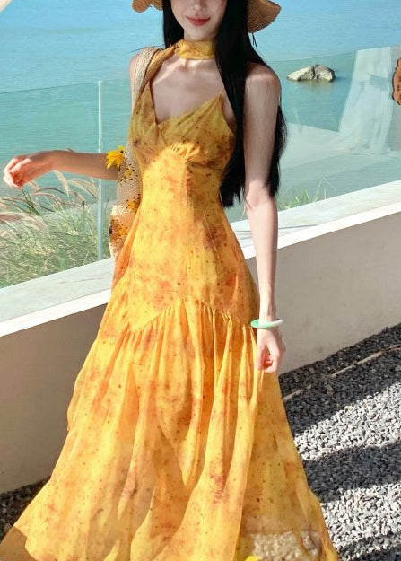 Elegant Yellow Print Exra Large Hem Cotton Vacation Dress Summer