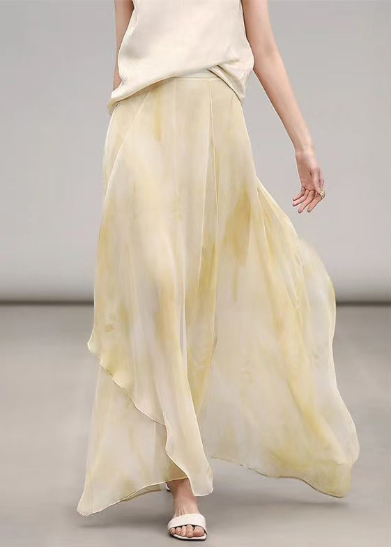 Elegant Yellow Print High Waist Chiffon Maxi Skirts Summer