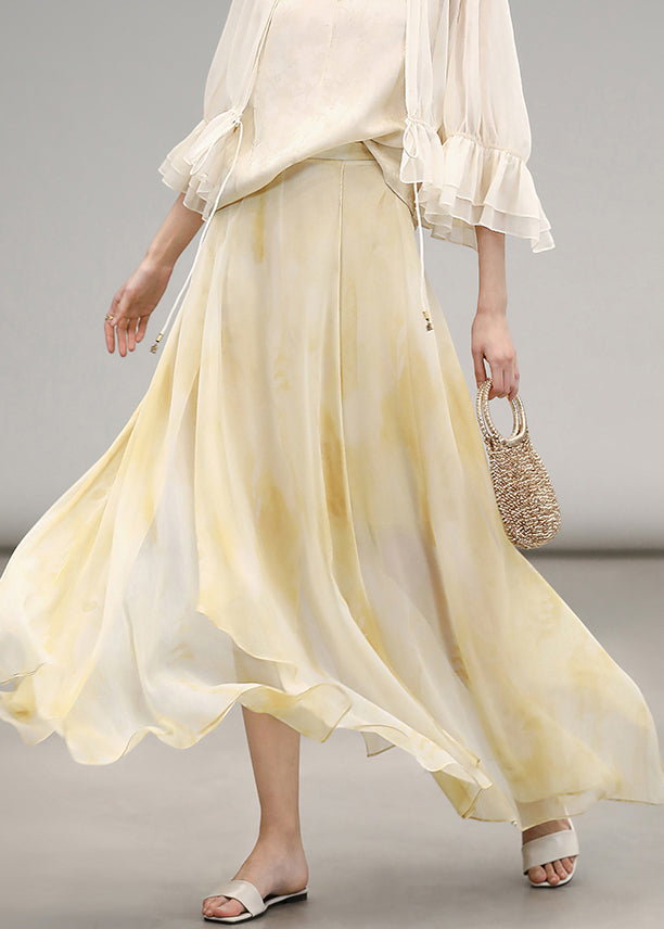 Elegant Yellow Print High Waist Chiffon Maxi Skirts Summer