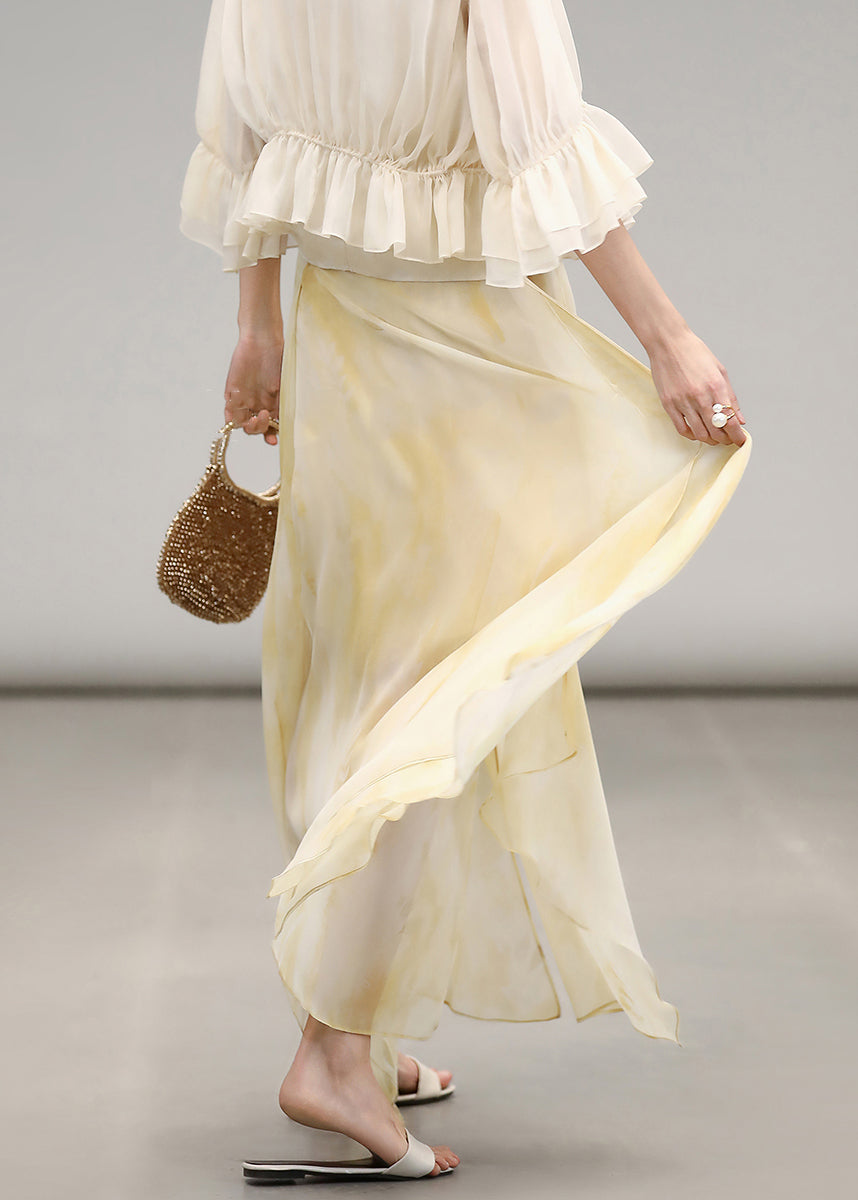 Elegant Yellow Print High Waist Chiffon Maxi Skirts Summer