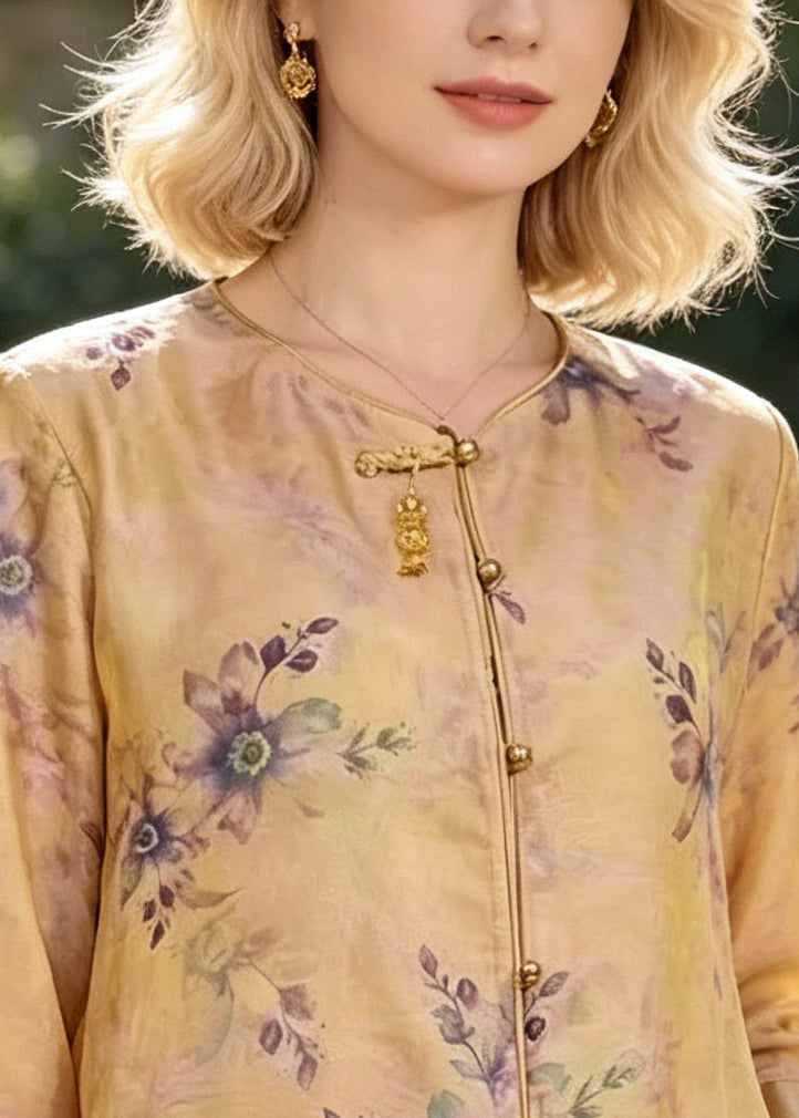 Elegant Yellow Print Silk Blouse Tops Bracelet Sleeve