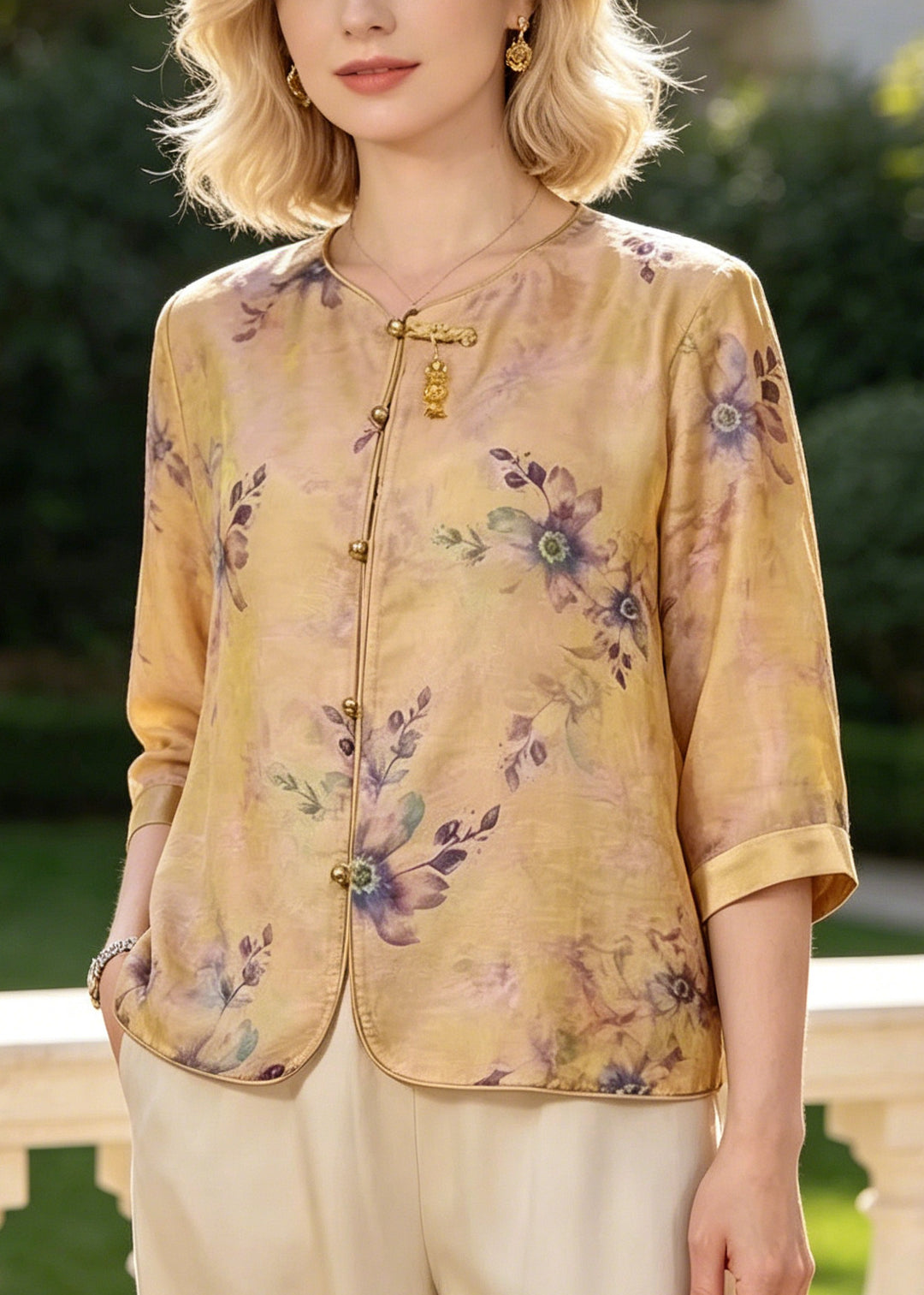 Elegant Yellow Print Silk Blouse Tops Bracelet Sleeve