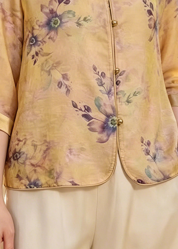 Elegant Yellow Print Silk Blouse Tops Bracelet Sleeve