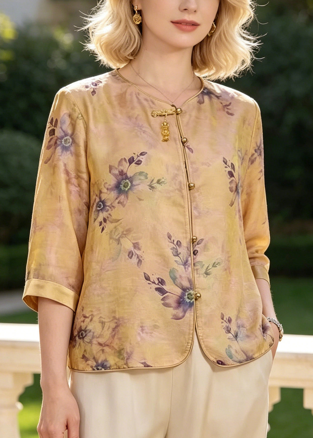 Elegant Yellow Print Silk Blouse Tops Bracelet Sleeve