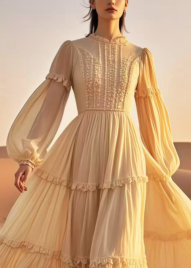 Elegant Yellow Ruffled Exra Large Hem Chiffon Ankle Dress Spring