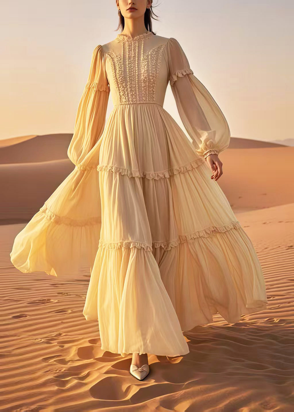 Elegant Yellow Ruffled Exra Large Hem Chiffon Ankle Dress Spring