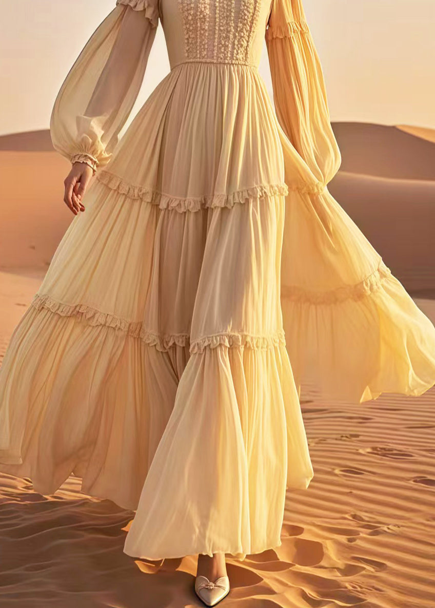 Elegant Yellow Ruffled Exra Large Hem Chiffon Ankle Dress Spring