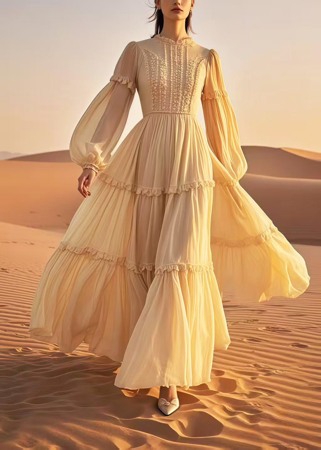 Elegant Yellow Ruffled Exra Large Hem Chiffon Ankle Dress Spring
