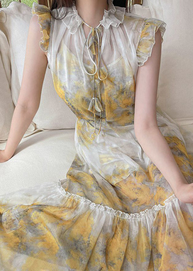 Elegant Yellow Ruffled Lace Up Chiffon Two Pieces Set Sleeveless