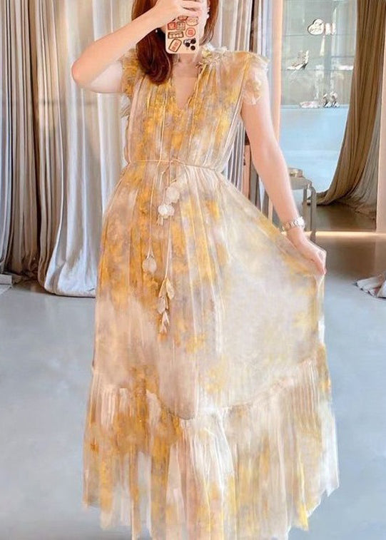 Elegant Yellow Ruffled Lace Up Chiffon Two Pieces Set Sleeveless