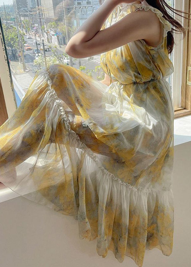 Elegant Yellow Ruffled Lace Up Chiffon Two Pieces Set Sleeveless