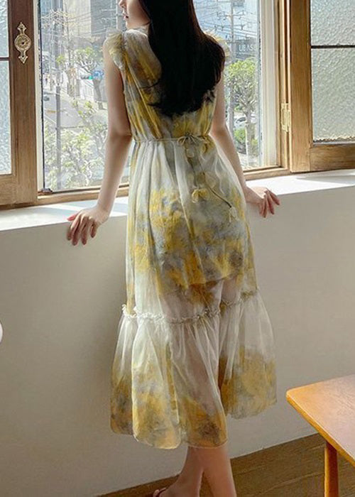 Elegant Yellow Ruffled Lace Up Chiffon Two Pieces Set Sleeveless