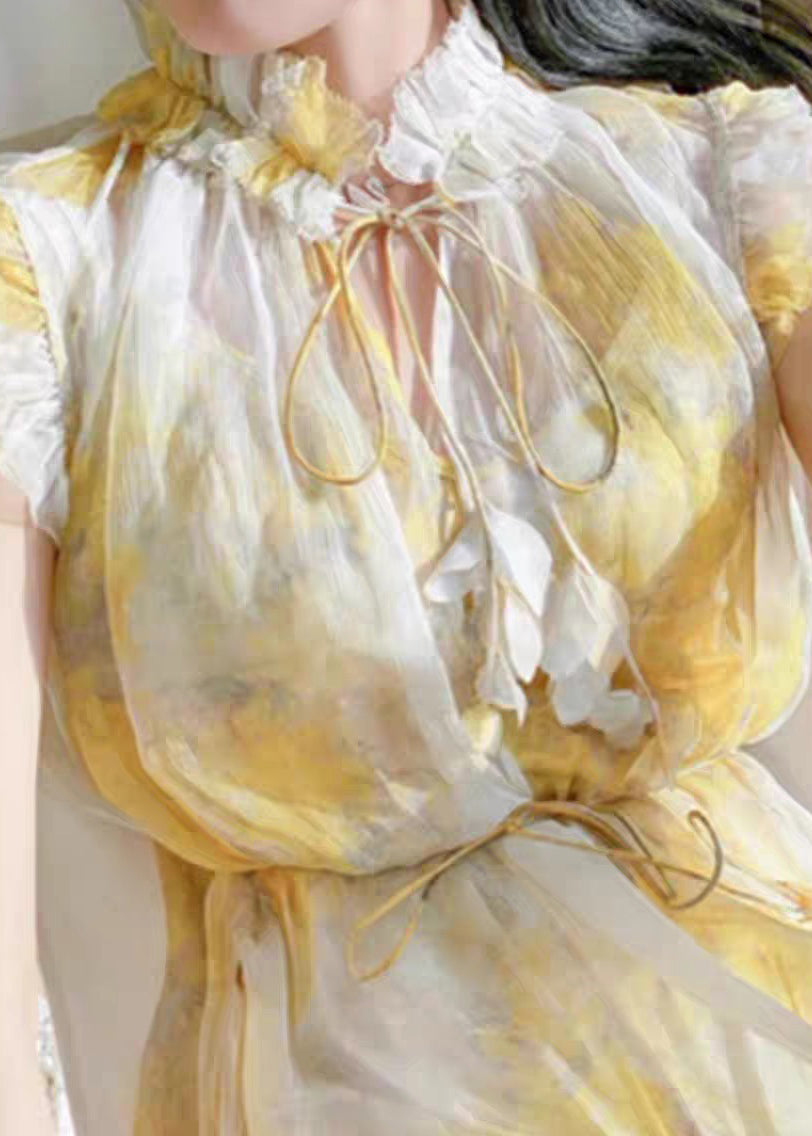 Elegant Yellow Ruffled Lace Up Chiffon Two Pieces Set Sleeveless