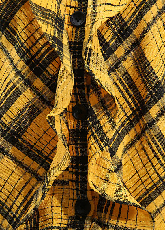 Elegant Yellow Ruffled Plaid Cotton Blouse Tops Sleeveless