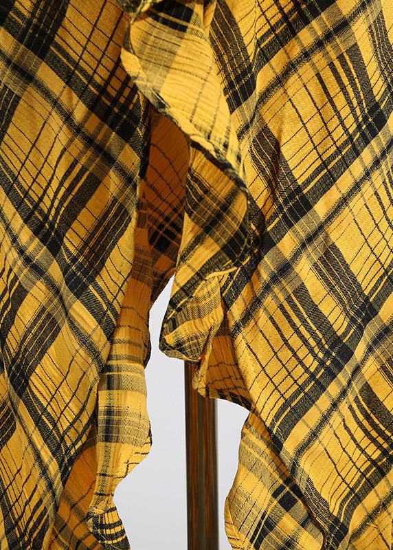 Elegant Yellow Ruffled Plaid Cotton Blouse Tops Sleeveless