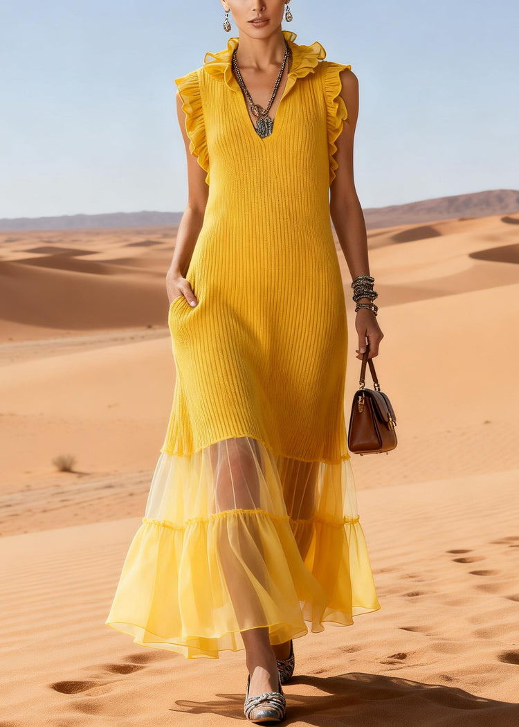 Elegant Yellow Ruffled Tulle Patchwork Knit Long Sweater Dress Sleeveless - Omychic
