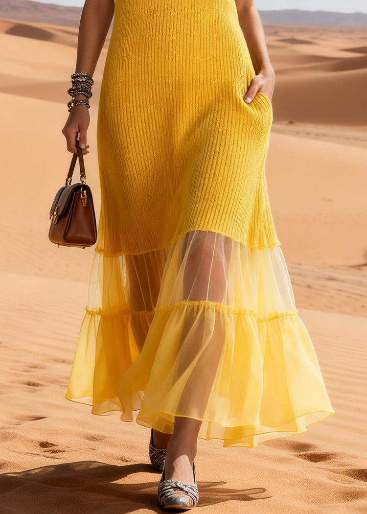Elegant Yellow Ruffled Tulle Patchwork Knit Long Sweater Dress Sleeveless - Omychic