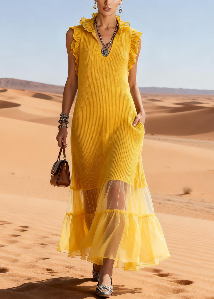 Elegant Yellow Ruffled Tulle Patchwork Knit Long Sweater Dress Sleeveless - Omychic