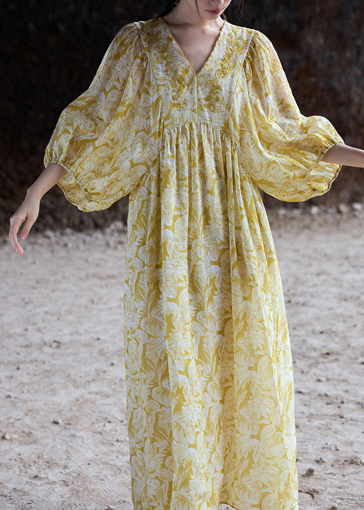 Elegant Yellow V Neck Embroidered Linen Dresses Batwing Sleeve
