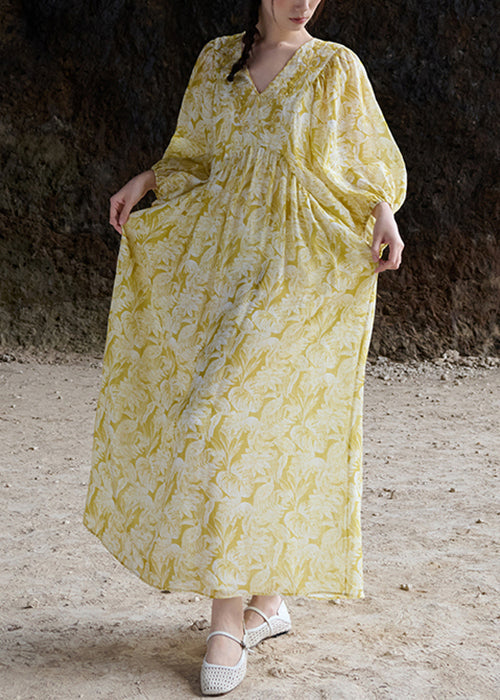 Elegant Yellow V Neck Embroidered Linen Dresses Batwing Sleeve