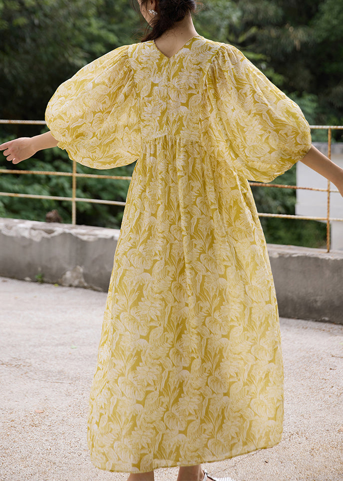 Elegant Yellow V Neck Embroidered Linen Dresses Batwing Sleeve