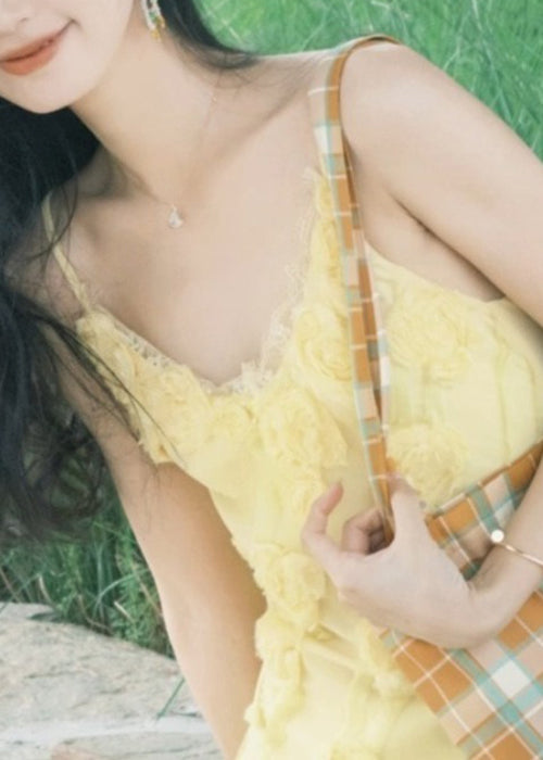 Elegant Yellow V Neck Floral High Waist Spaghetti Strap Dress Sleeveless
