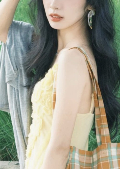 Elegant Yellow V Neck Floral High Waist Spaghetti Strap Dress Sleeveless