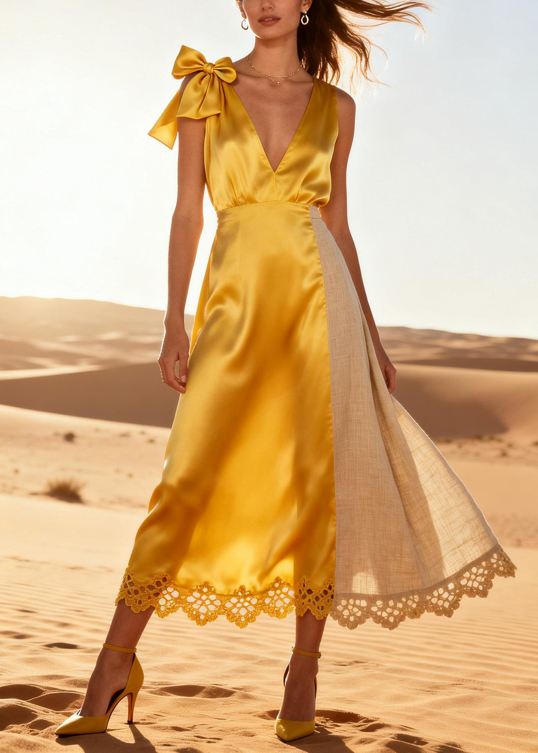 Elegant Yellow V Neck Patchwork Linen Silk Holiday Dress Summer
