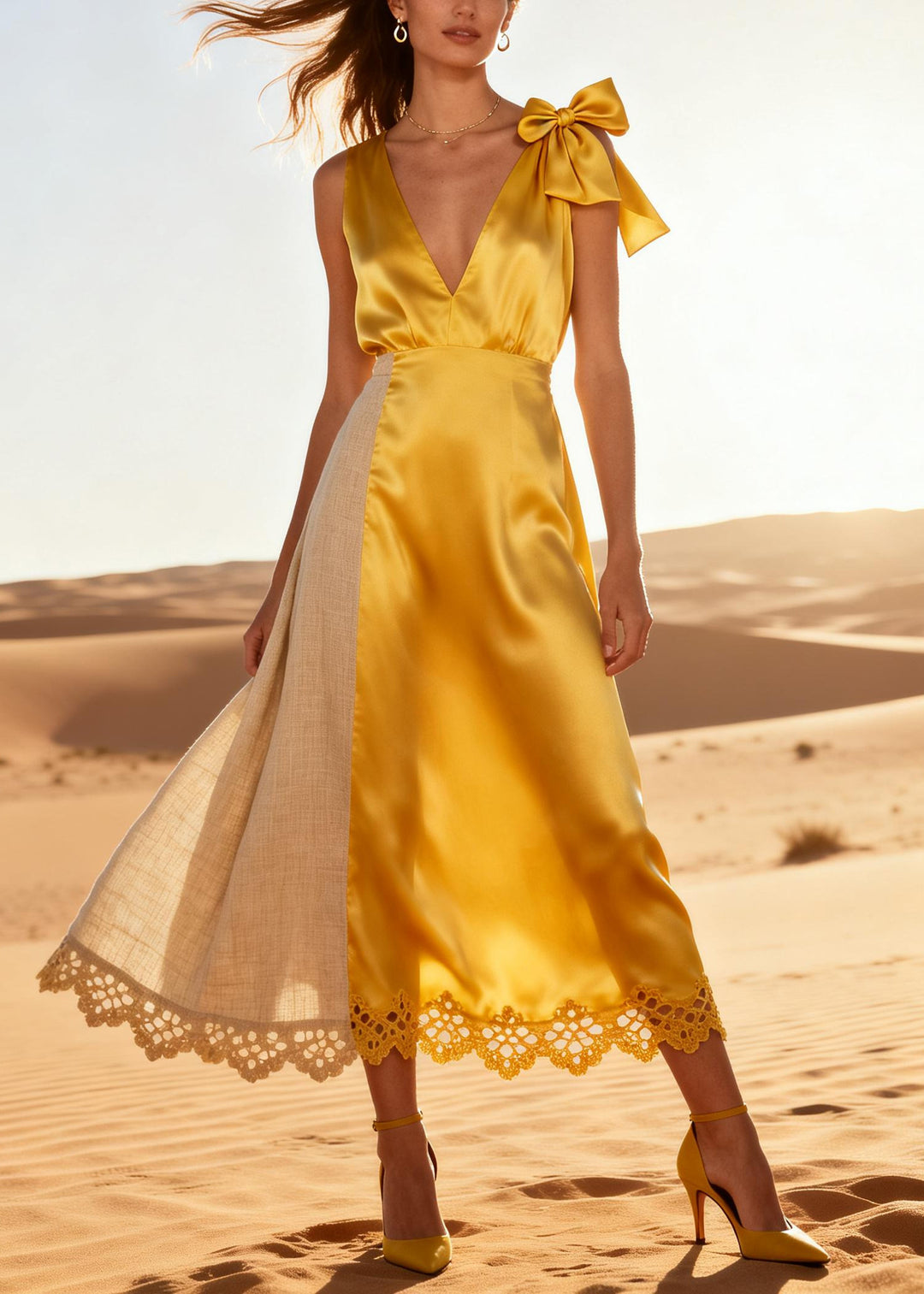 Elegant Yellow V Neck Patchwork Linen Silk Holiday Dress Summer