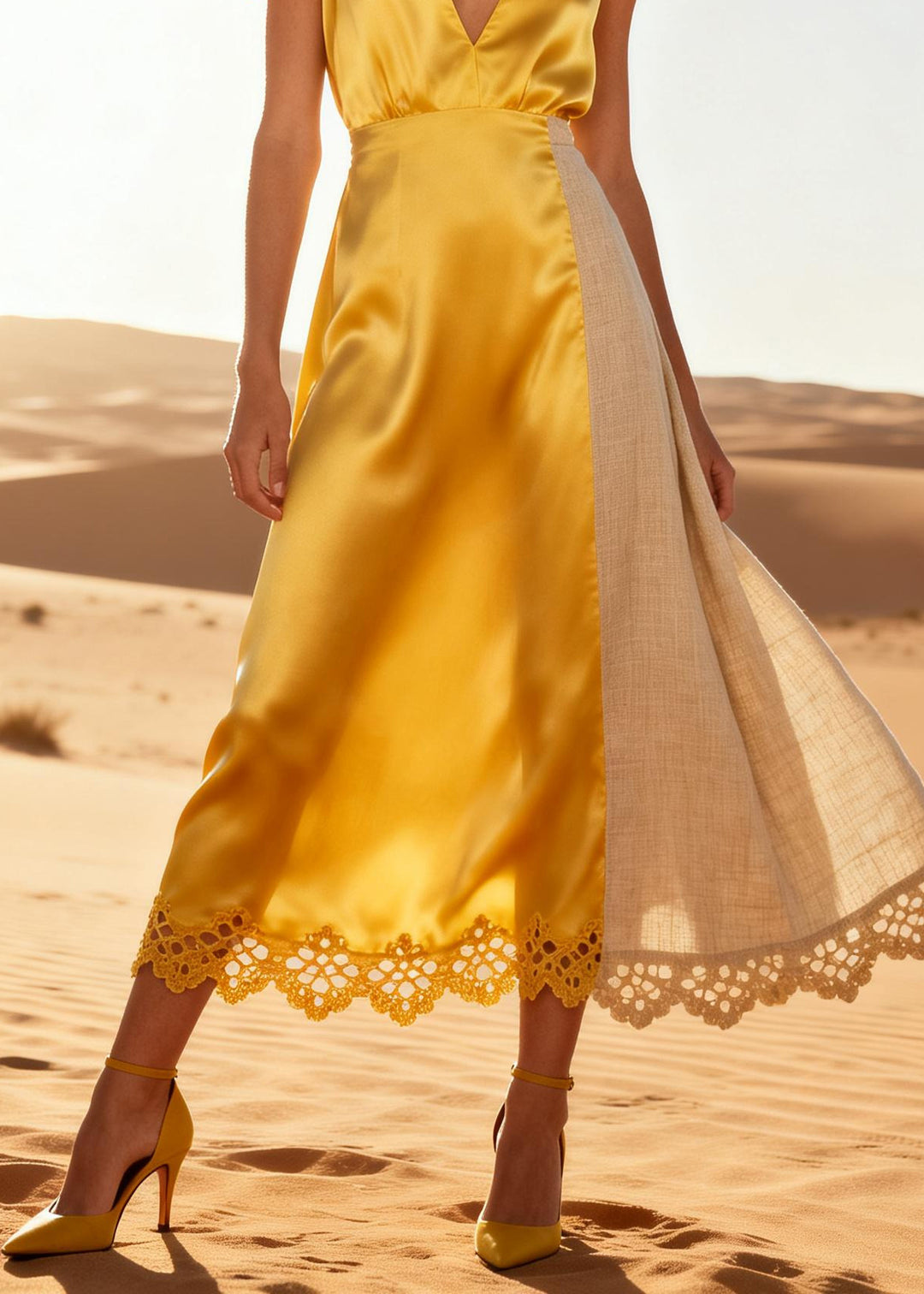 Elegant Yellow V Neck Patchwork Linen Silk Holiday Dress Summer