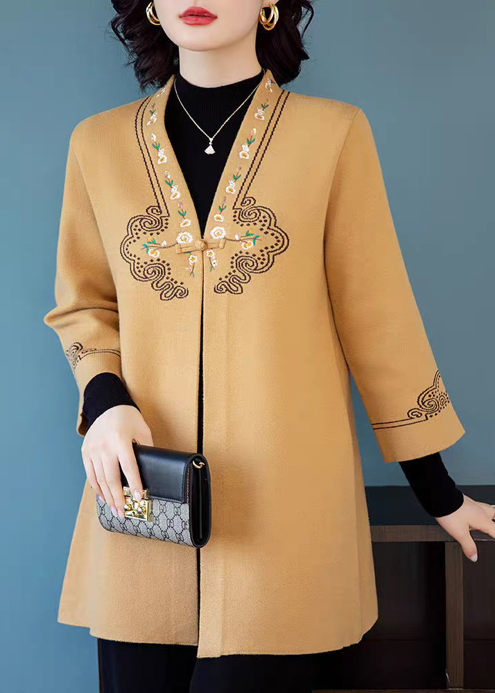 Elegant Yellow V Neck Pockets Woolen Coats Three Quarter Sleeve