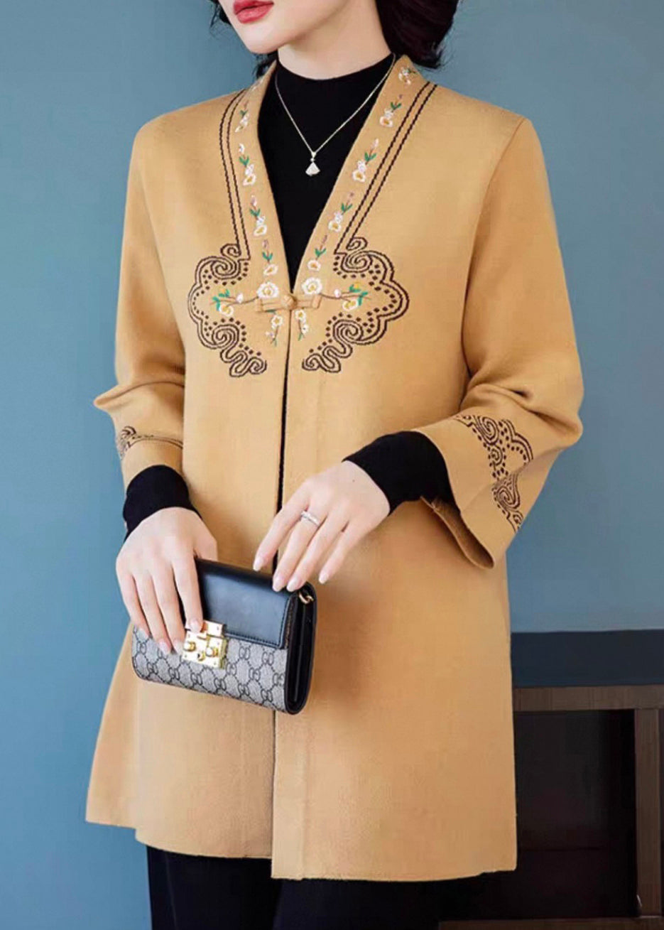 Elegant Yellow V Neck Pockets Woolen Coats Three Quarter Sleeve