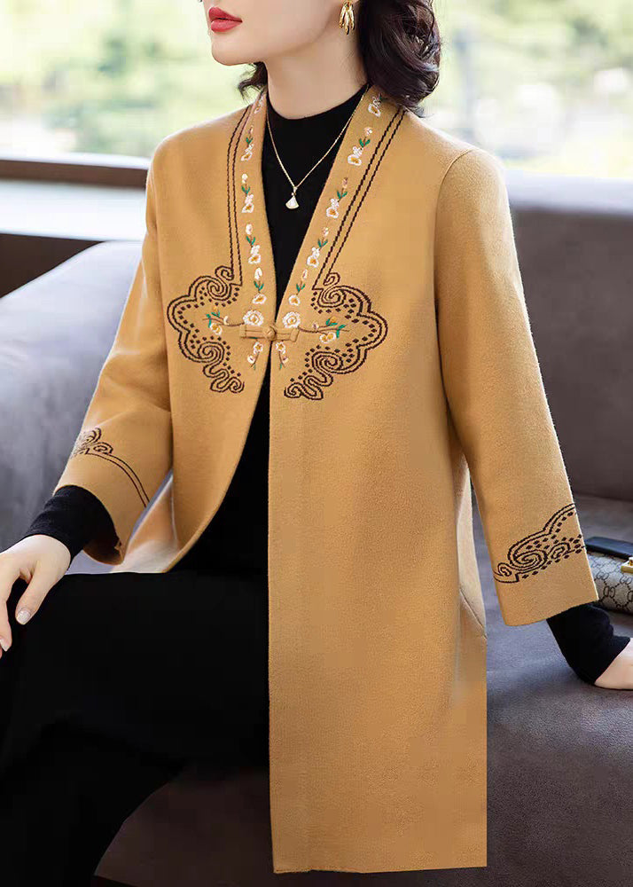 Elegant Yellow V Neck Pockets Woolen Coats Three Quarter Sleeve