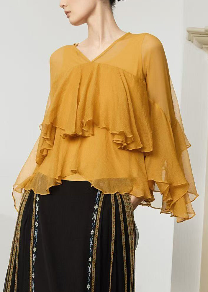 Elegant Yellow V Neck Ruffled Layered Shirts Top Summer
