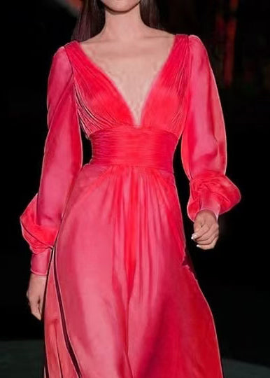 Elegant Yellow V Neck Wrinkled Chiffon Party Dress Long Sleeve