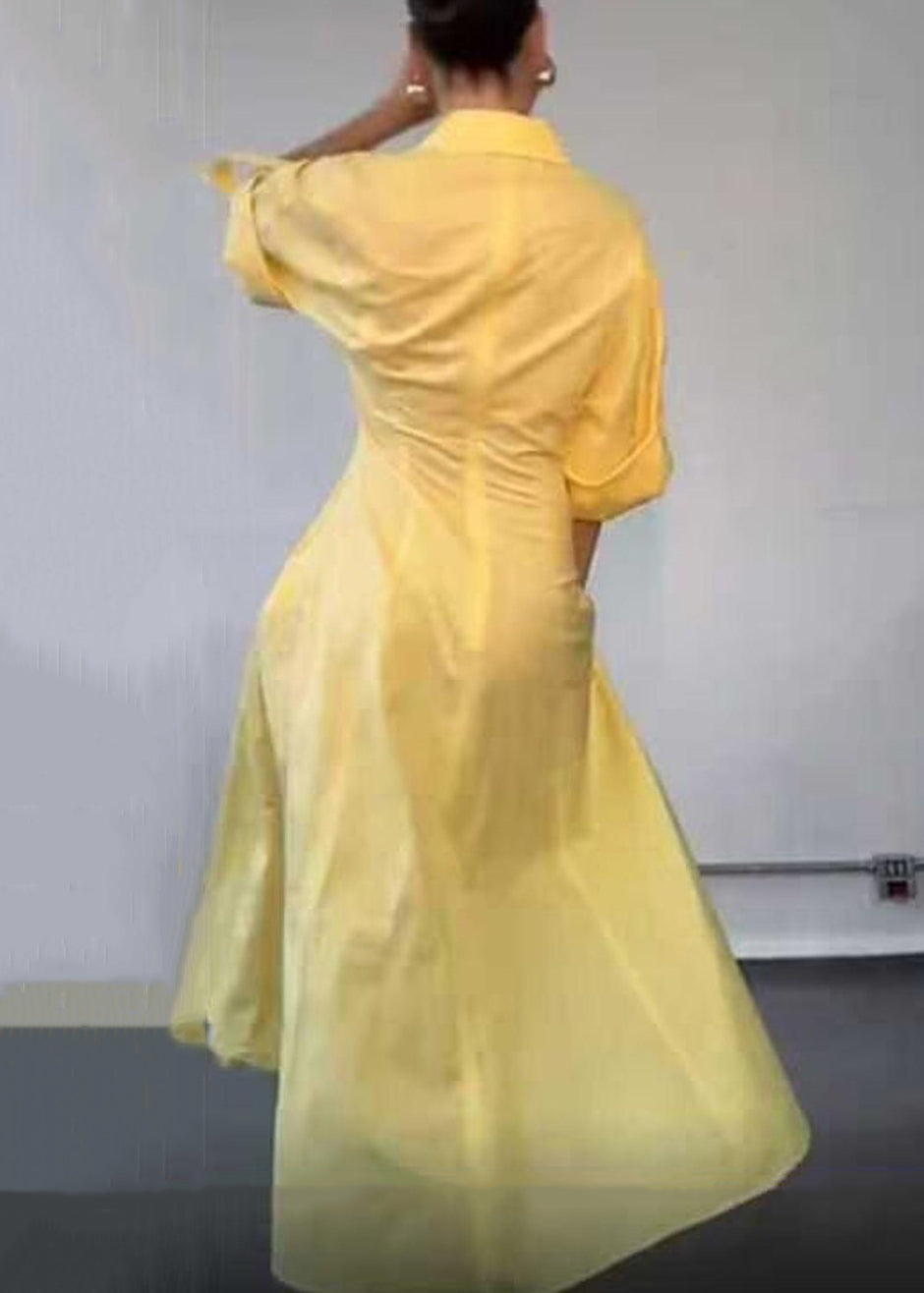 Elegant Yellow V Neck Zippered Solid Cotton Shirts Dress Half Sleeve