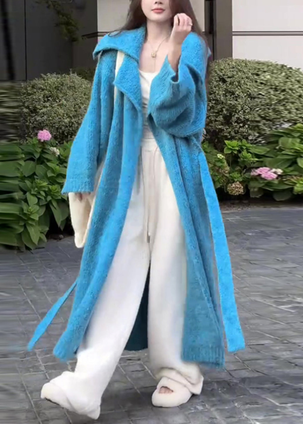 ElegantBlue Peter Pan Collar Tie Waist Knit Long Coat Fall