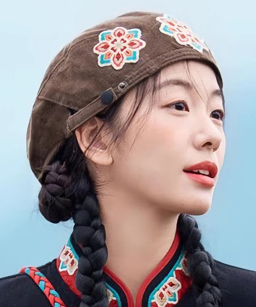 Ethnic Retro Coffee Flower Embroidered Corduroy Beret Hat