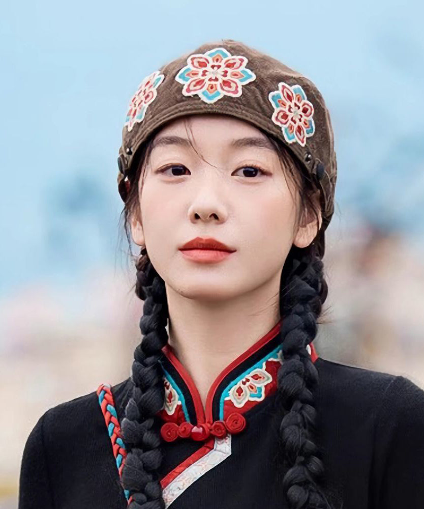 Ethnic Retro Coffee Flower Embroidered Corduroy Beret Hat