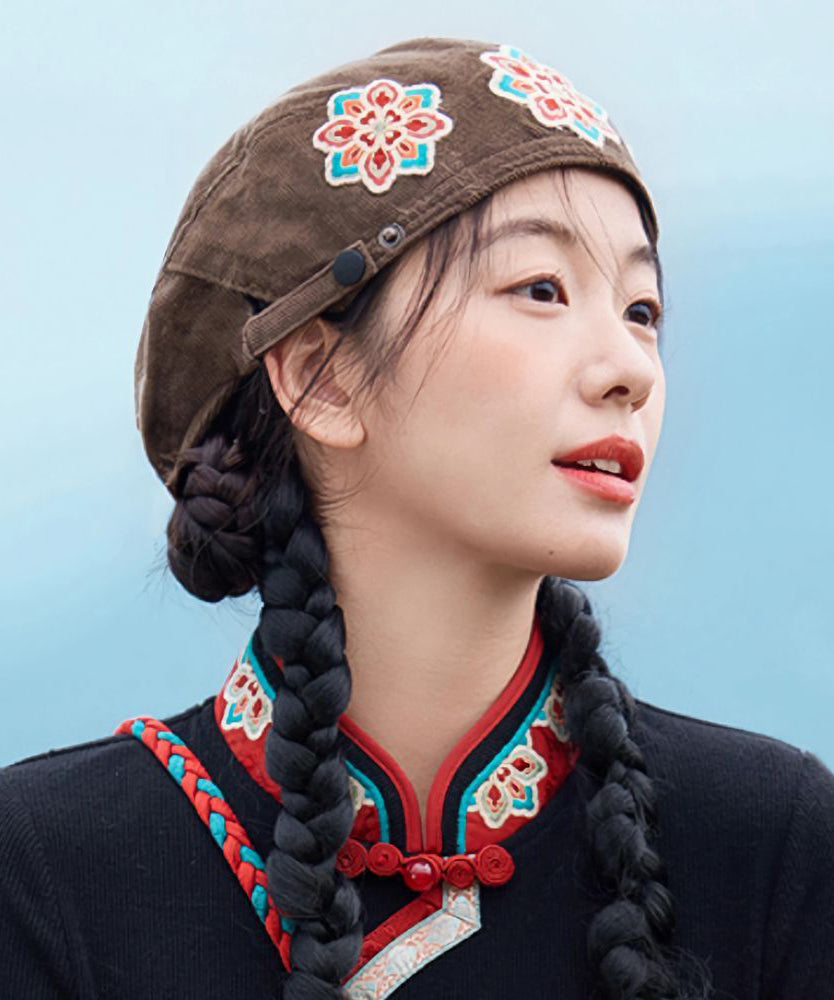 Ethnic Retro Coffee Flower Embroidered Corduroy Beret Hat