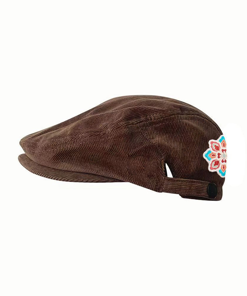 Ethnic Retro Coffee Flower Embroidered Corduroy Beret Hat