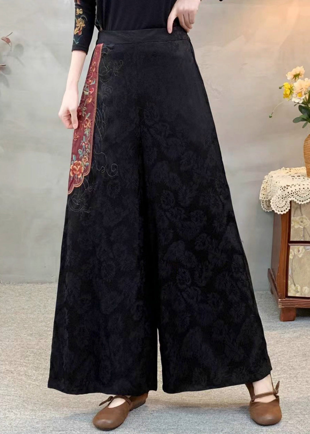 Ethnic Style Black Embroidered Patchwork Silk Pants Spring
