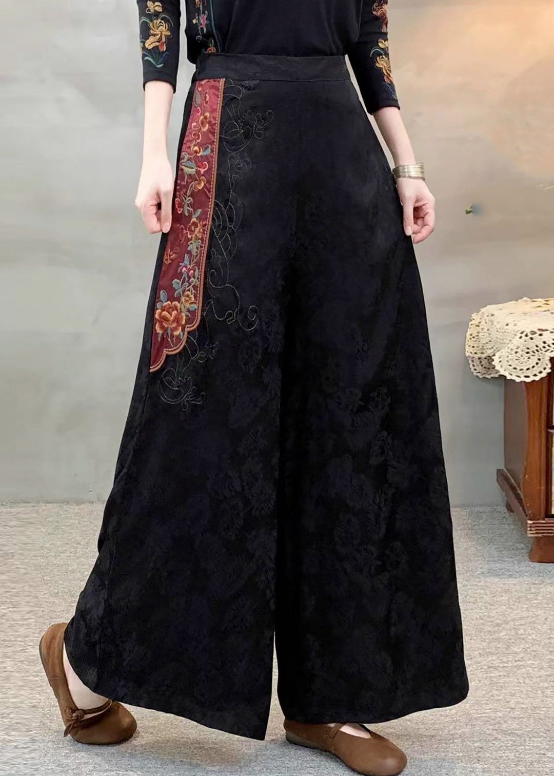 Ethnic Style Black Embroidered Patchwork Silk Pants Spring