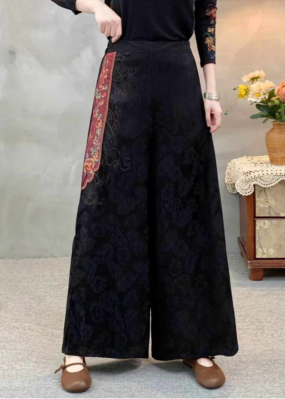 Ethnic Style Black Embroidered Patchwork Silk Pants Spring