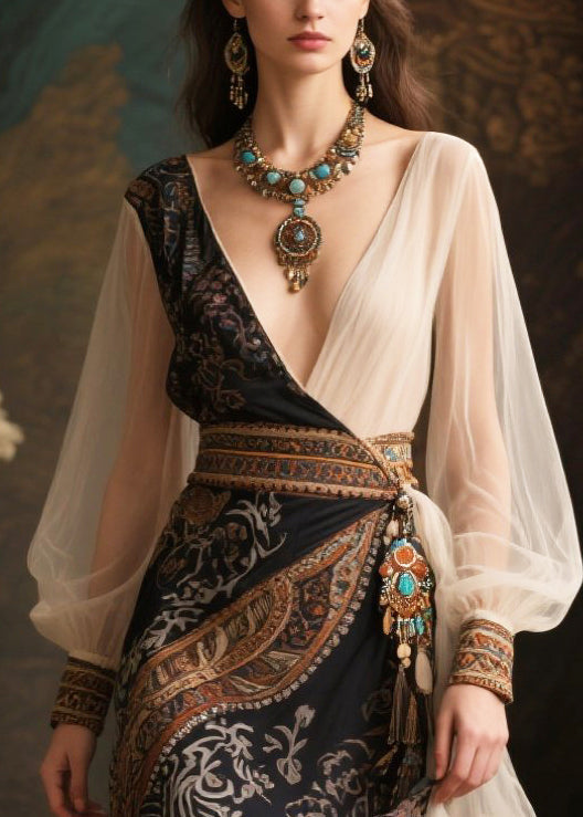 Ethnic Style Black Exra Large Hem Patchwork Chiffon Long Dress Summer